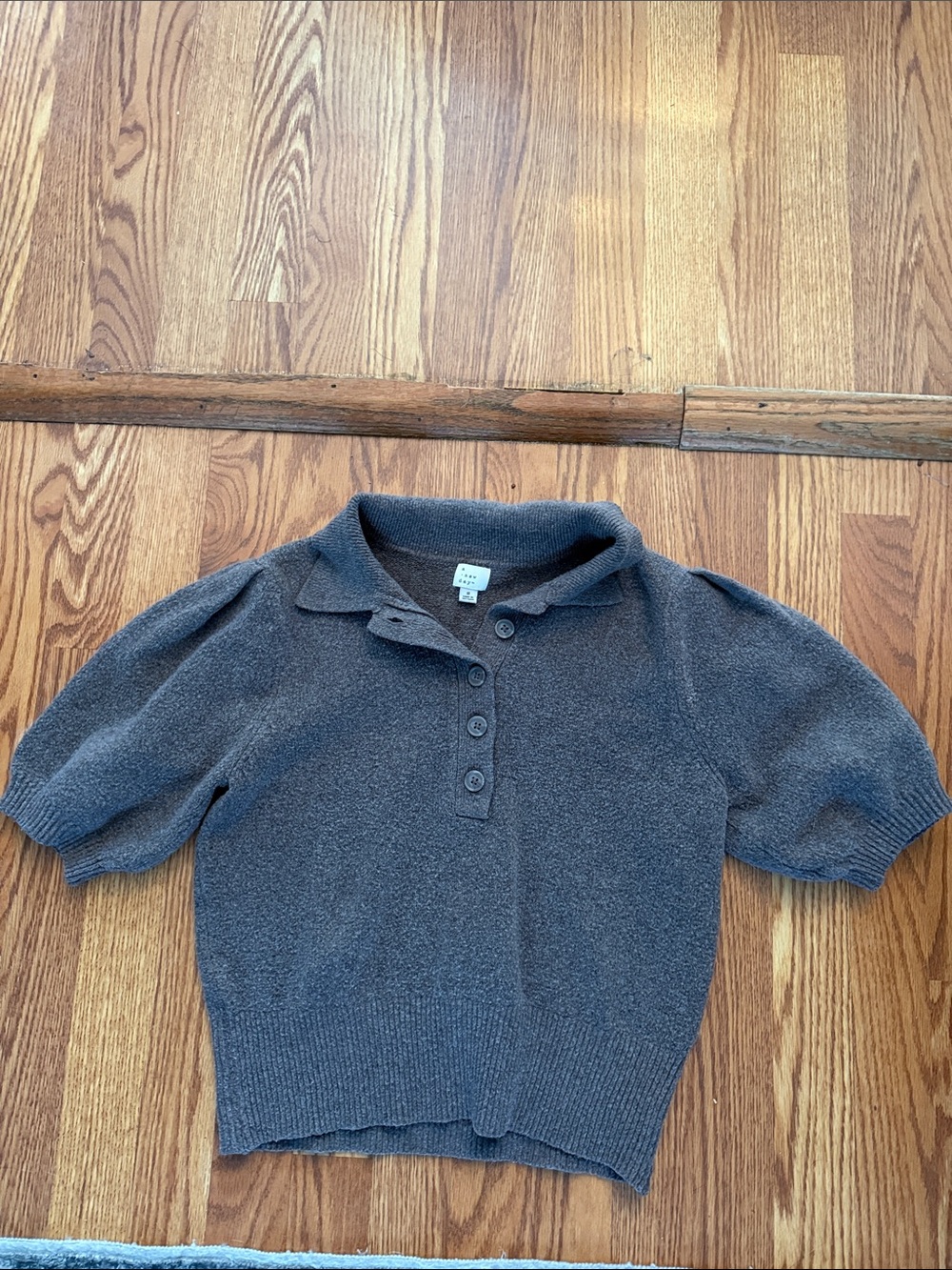A New Day Short Buttoned Knit Top in Gray-Brown